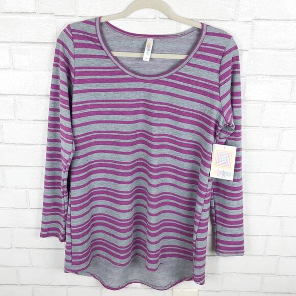 LuLaRoe NWT Lynnae Gray Purple Striped Long Sleeve Hi Lo Hem Top Size Medium - Picture 1 of 6
